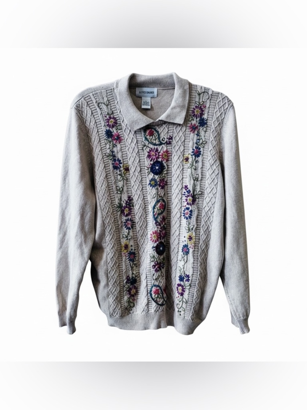 Alfred Dunner Embroidered Floral Collared Sweater Beige Size L‎ Grandma Vintage